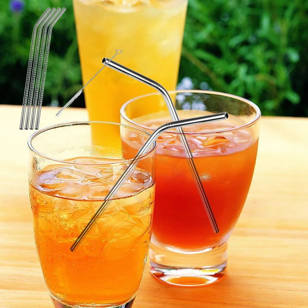 Reusable Stainless Steel Straw Set (4 pcs + Brush)