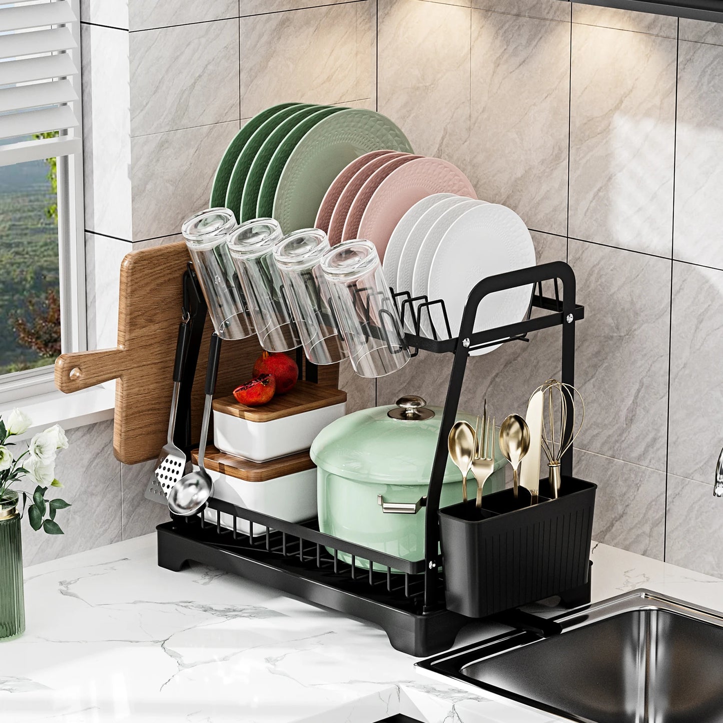 2-Tier Dish Drying Rack with Drainboard