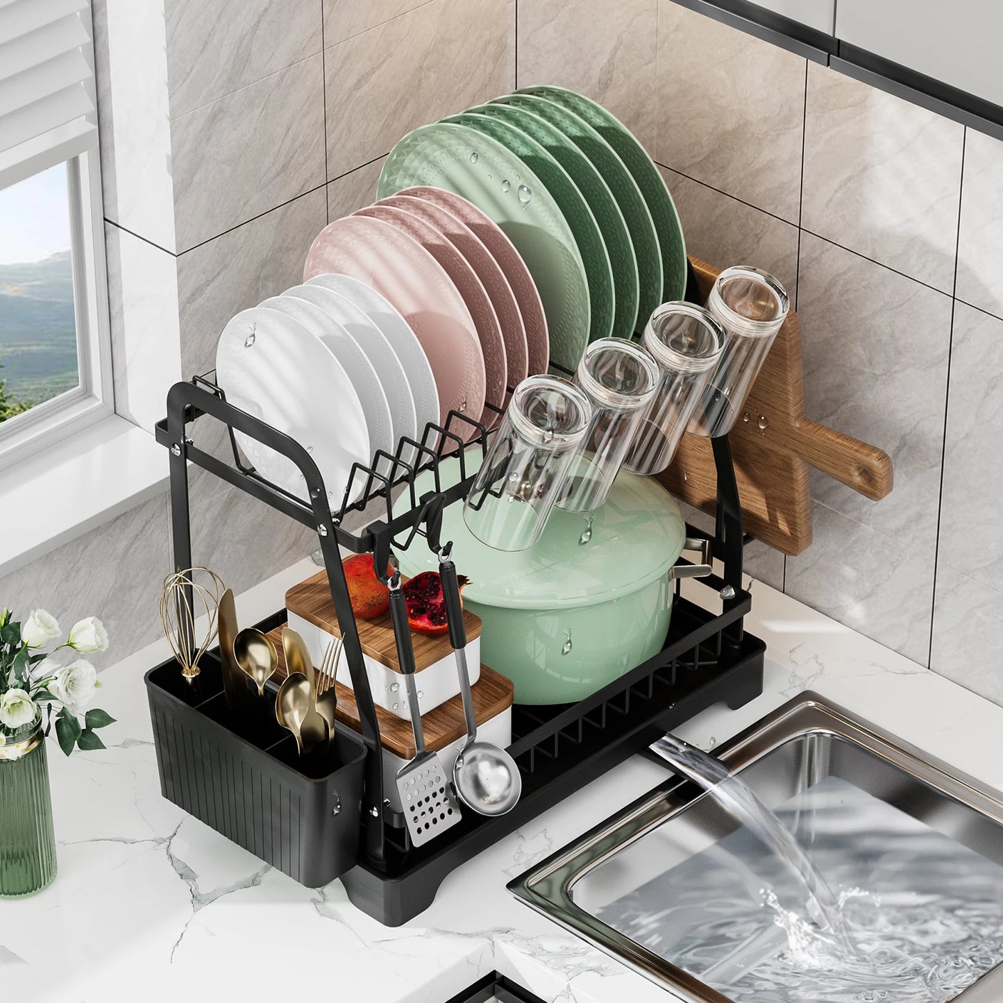 2-Tier Dish Drying Rack with Drainboard
